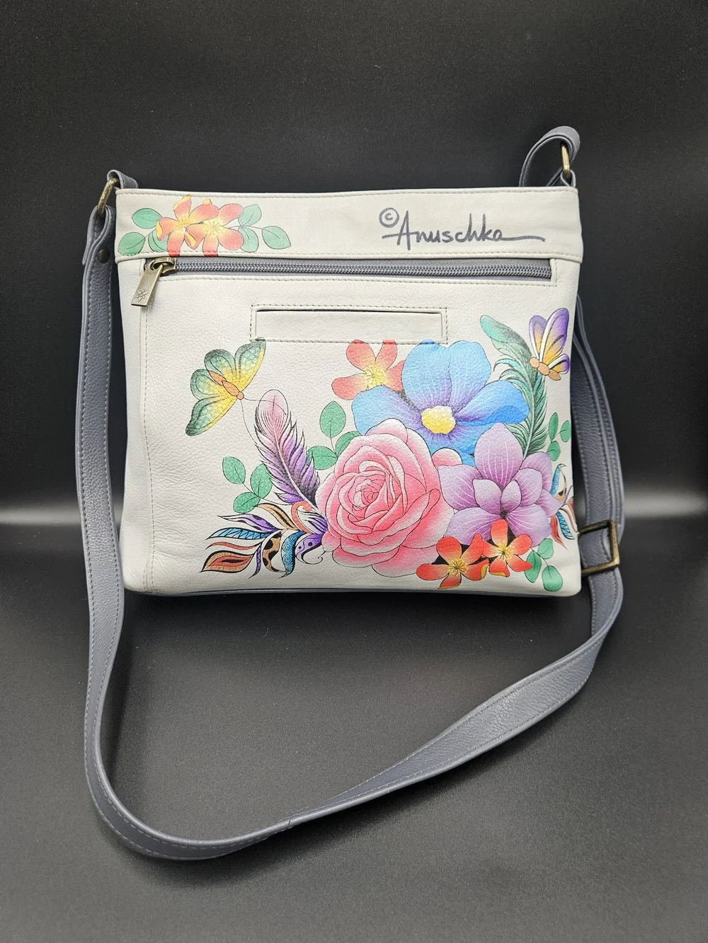 Anuschka Gray Crossbody with Colorful Floral Lion Motif